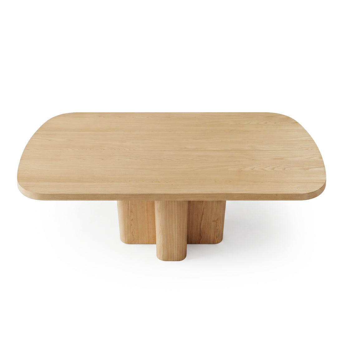 Rectangular wooden coffee table with rounded edges and four cylindrical legs on white background