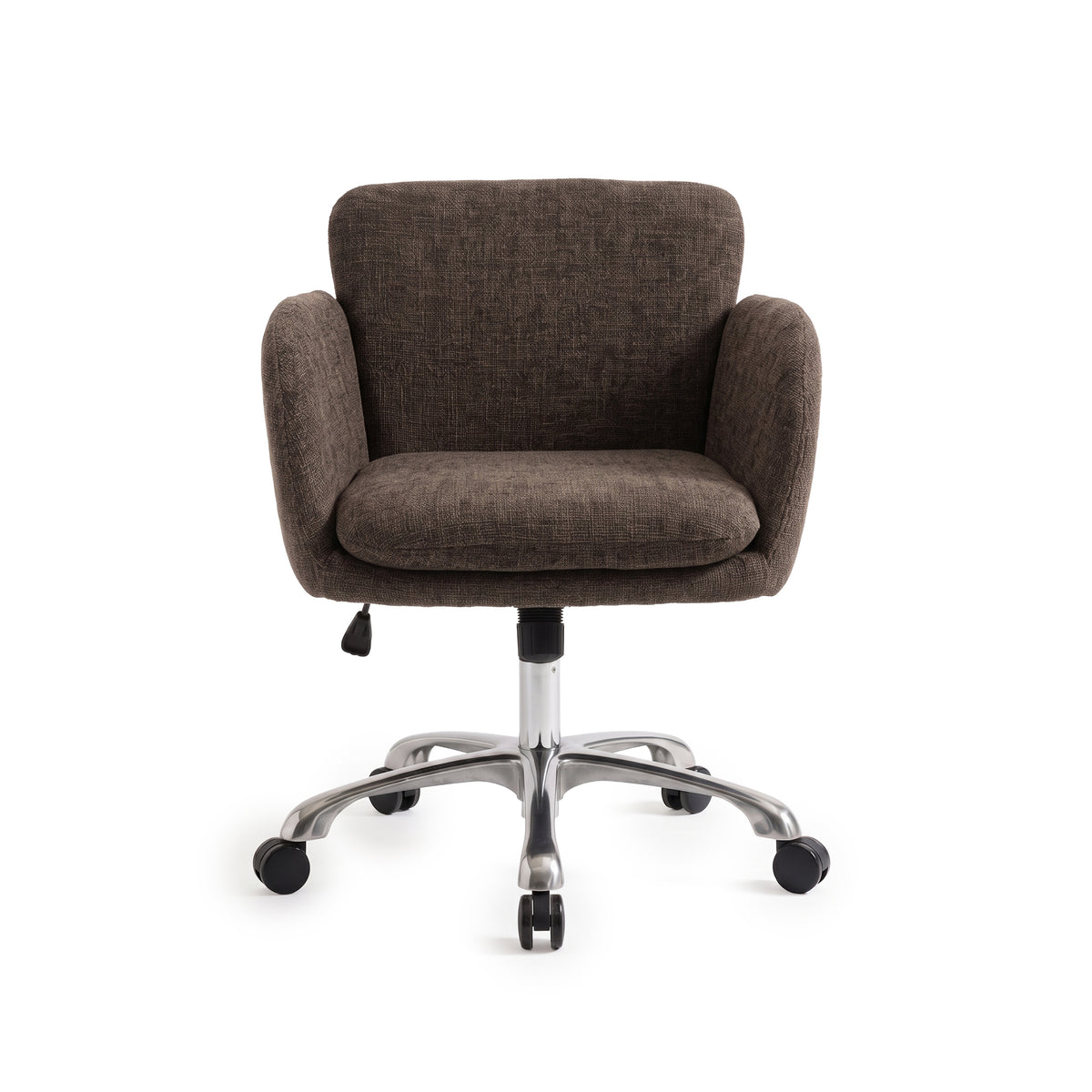 Brown upholstered office chair with chrome base and wheels on a white background