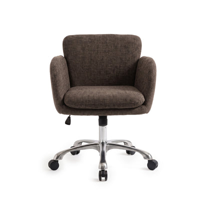 Brown upholstered office chair with chrome base and wheels on a white background