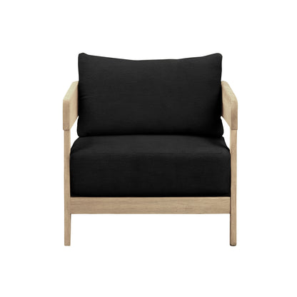 Elani 5 Seater Acacia Hardwood Outdoor Sofa Set in Black features a single-seat armchair with a light wooden frame and thick black cushions, blending natural warmth with modern comfort.