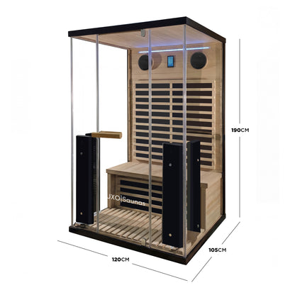 Complete sauna cabin on white background with dimensions labeled