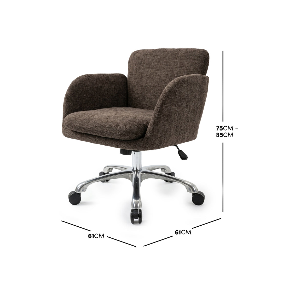 Brown office chair on white background with dimensions labeled