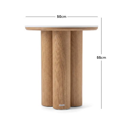 Wooden side table on white background with dimensions shown