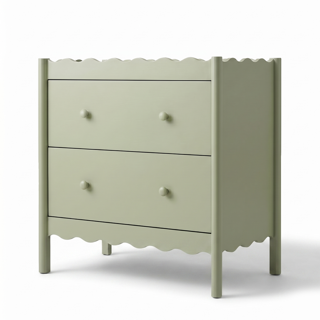 Light sage green dresser with wavy trim and two drawers on a white background