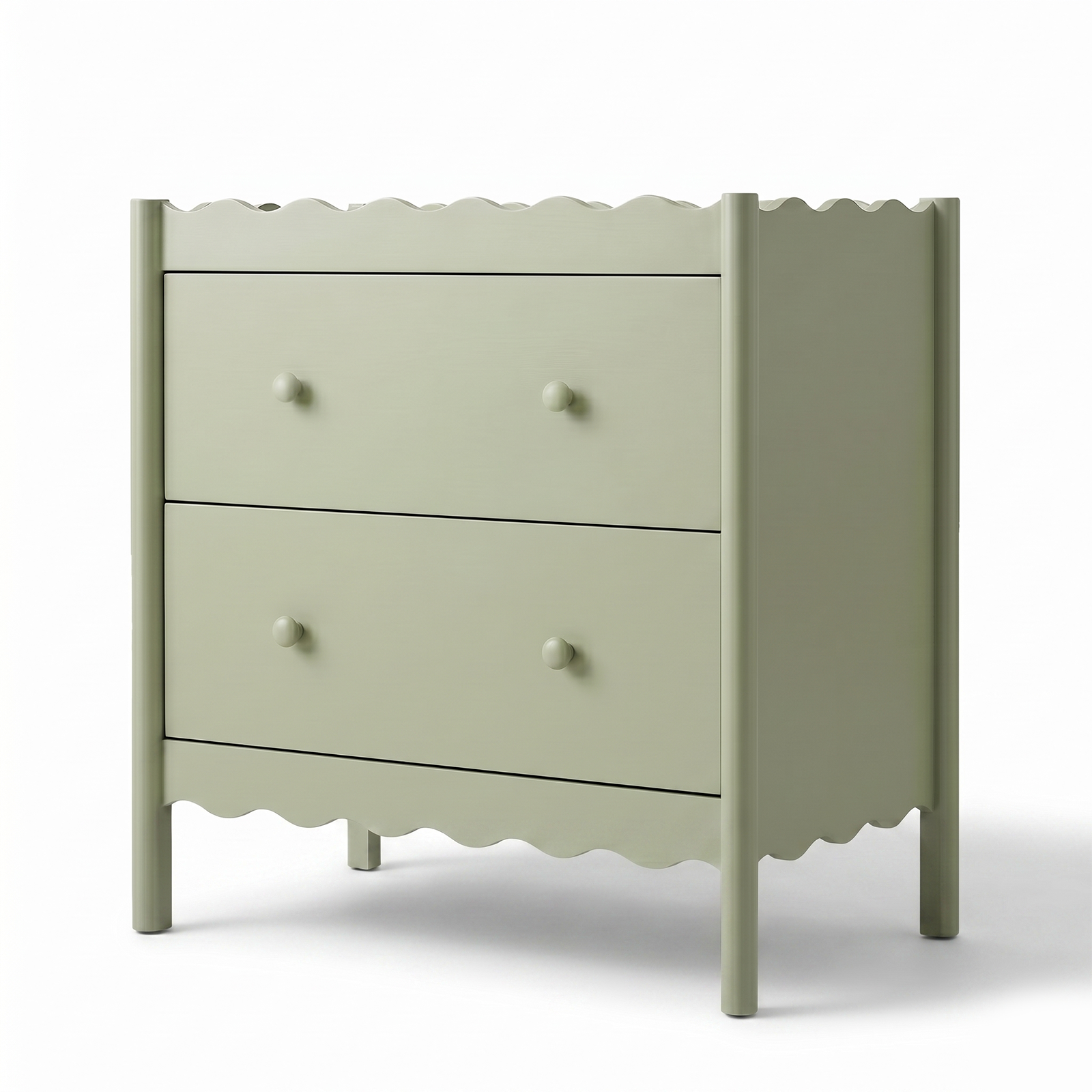Light sage green dresser with wavy trim and two drawers on a white background