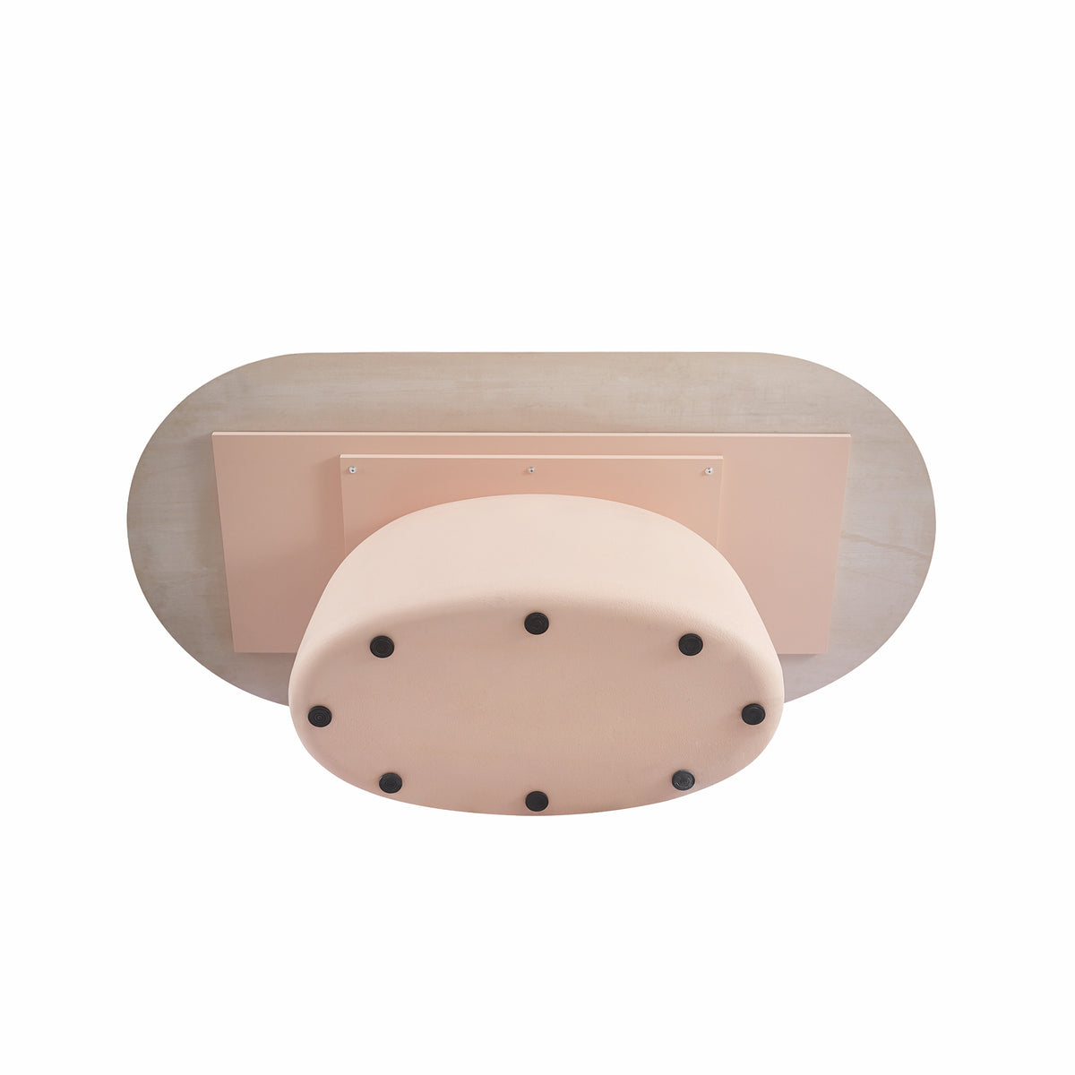 Underside view of table base and support feet on white background