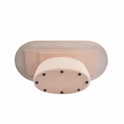 Underside view of table base and support feet on white background
