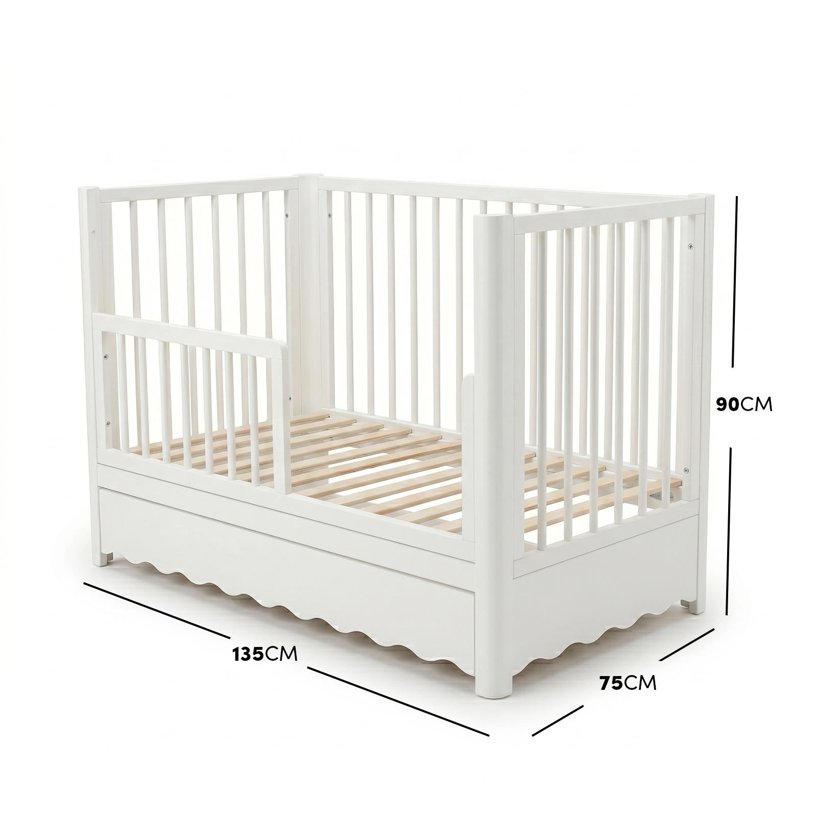 White baby crib with dimensions overlay on white background