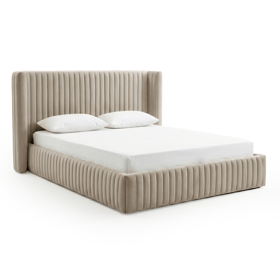 Beige upholstered bed with mattress and two pillows on a white background