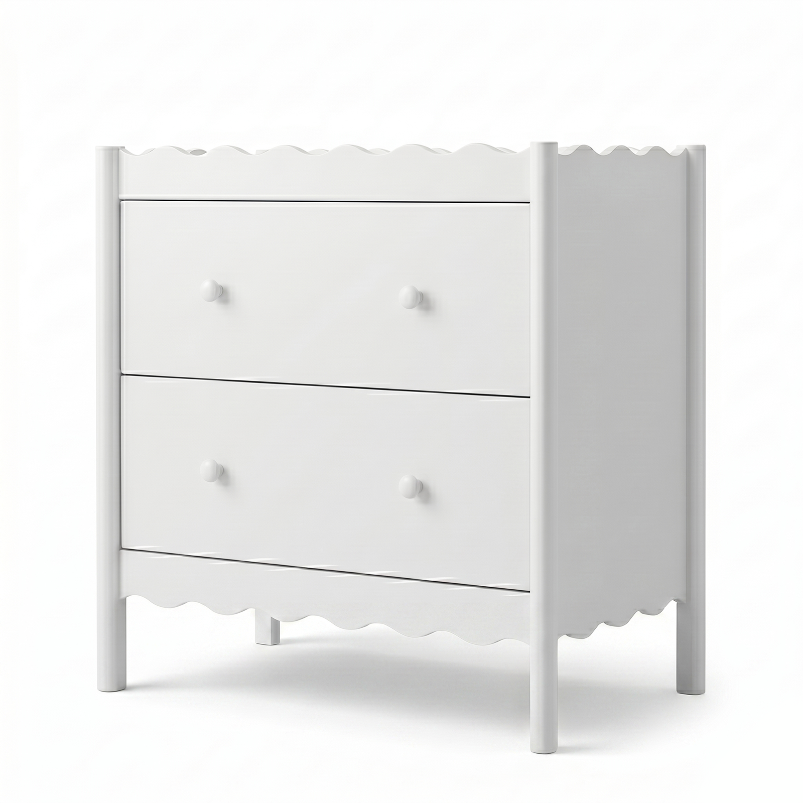 White two-drawer dresser on a plain white background