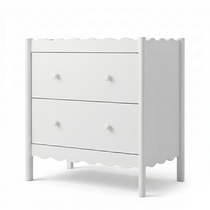White two-drawer dresser on a plain white background