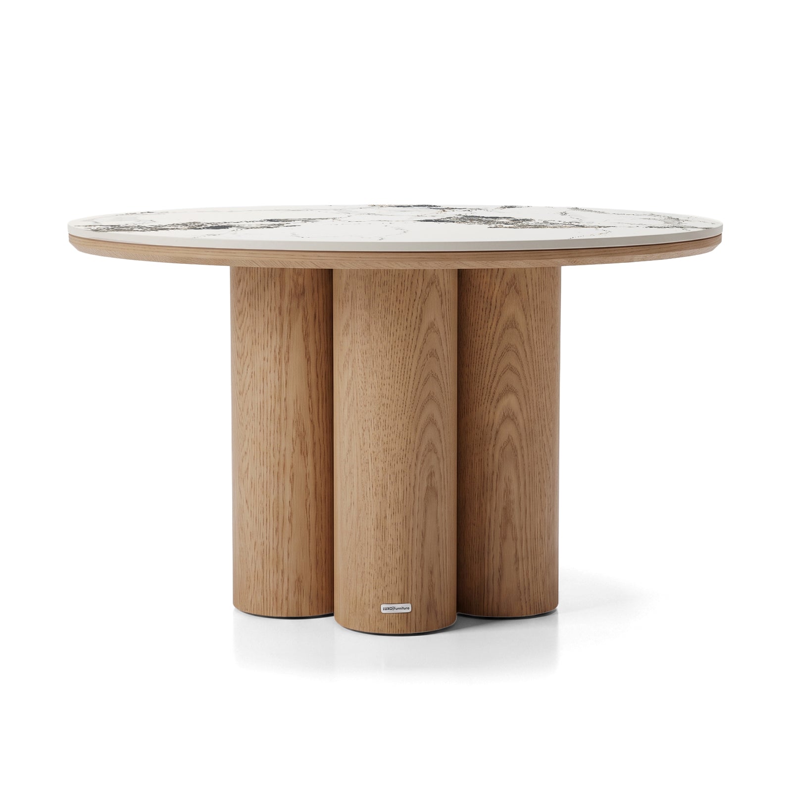 Modern round table with a marble-effect top and three cylindrical wooden legs on a white background