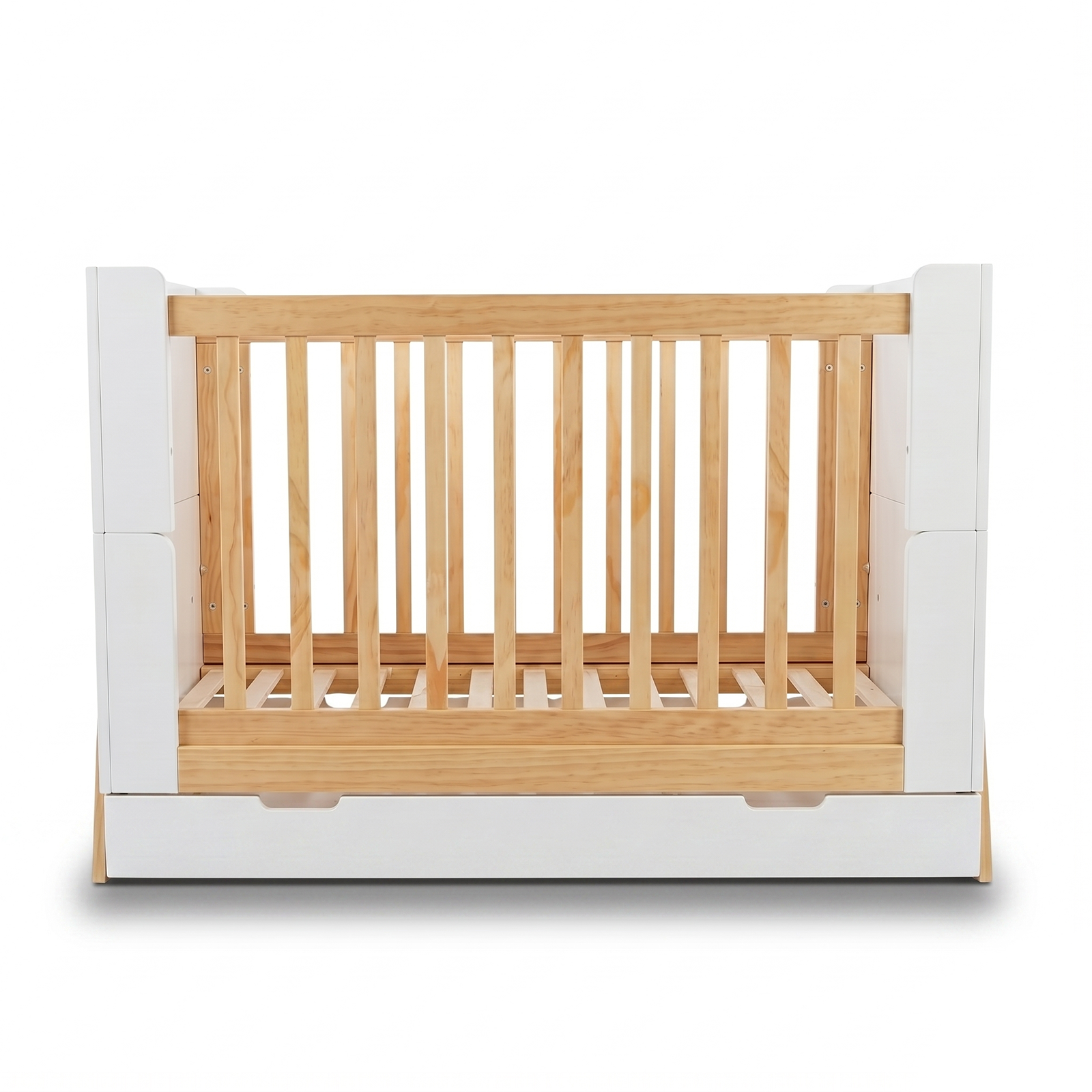 Front view of crib with wood slats and white side panels