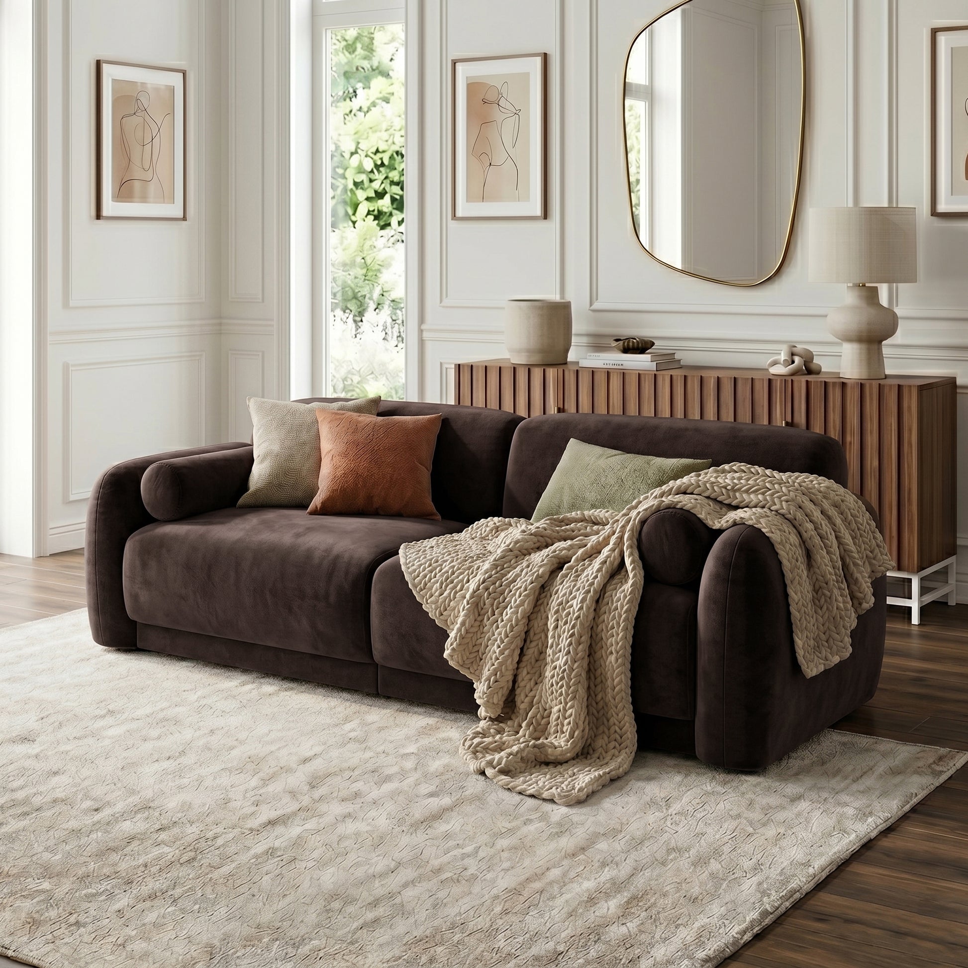 Dark brown sofa styled with pillows and throw in modern living room setting