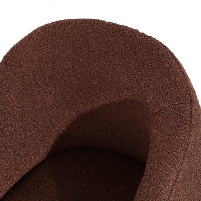 Nuve Bouclé Upholstered Accent Armchair in Rust Brown features a curved back and seat, upholstered in dark brown, tightly looped bouclé fabric, highlighting its sleek, sculpted silhouette for stylish comfort.