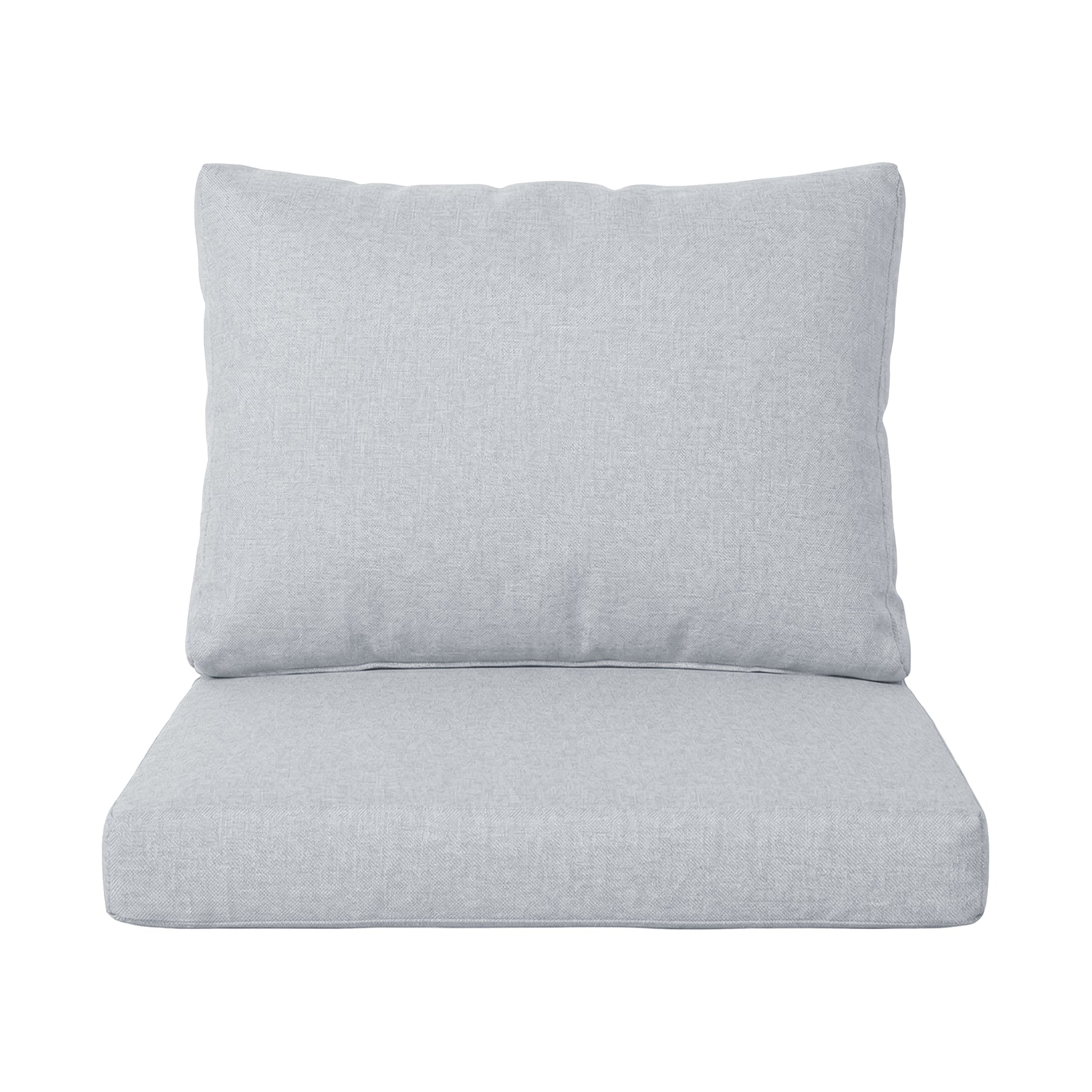 Two light gray chair cushions on white background