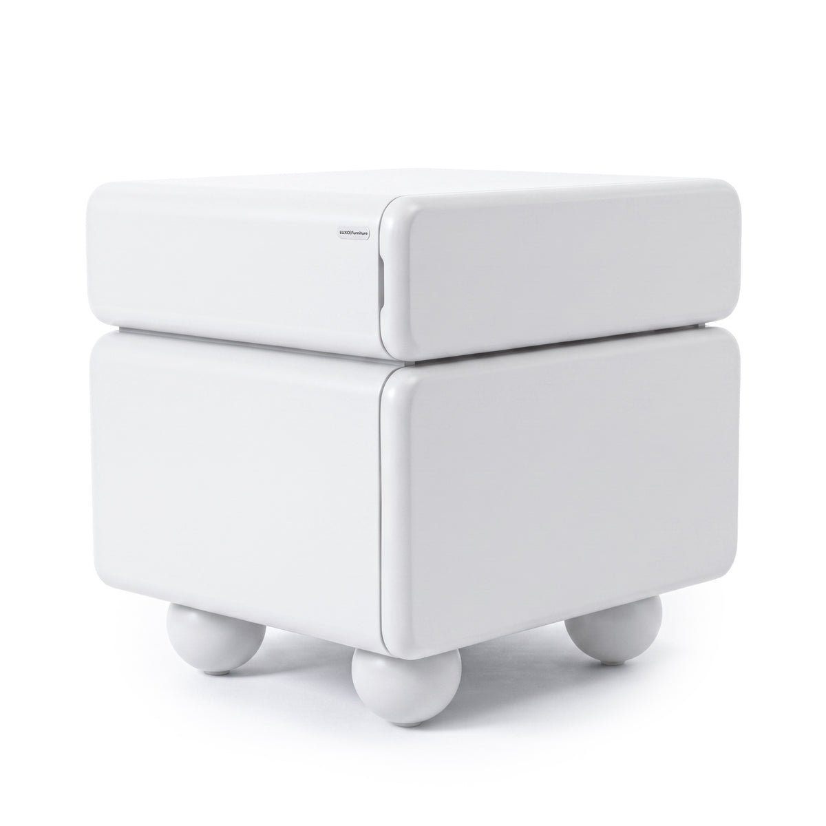 Glossy white square side table with rounded edges and spherical legs on white background