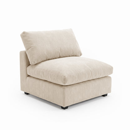 Beige armless accent chair on white background