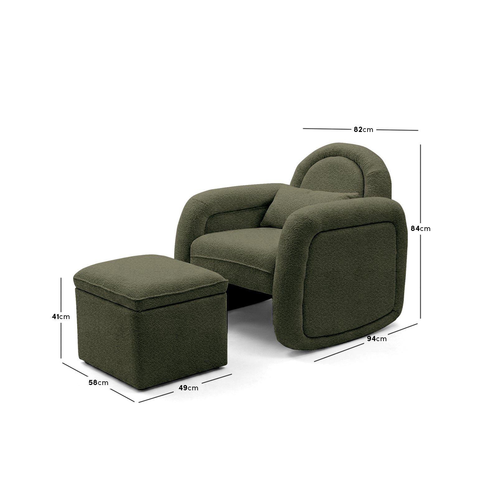 Olive green lounge chair and ottoman with dimensions on white background