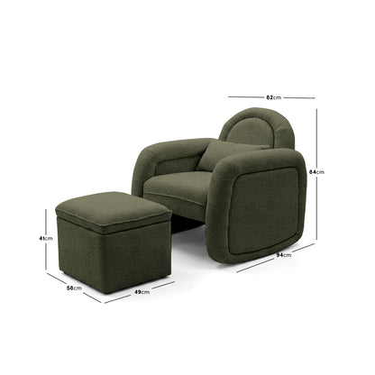 Olive green lounge chair and ottoman with dimensions on white background