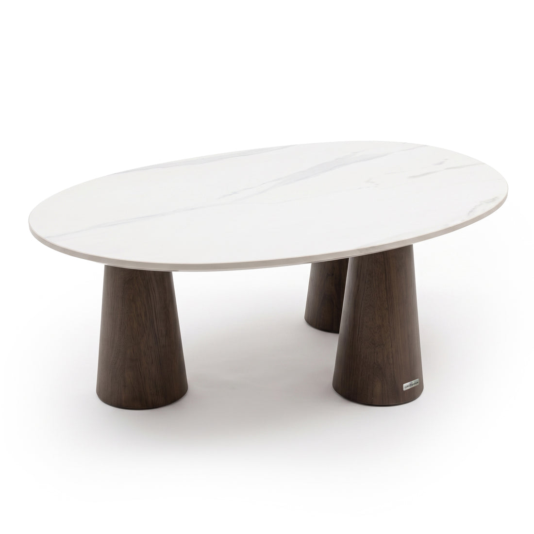 Modern oval table with white stone-like top and three dark wooden legs on white background