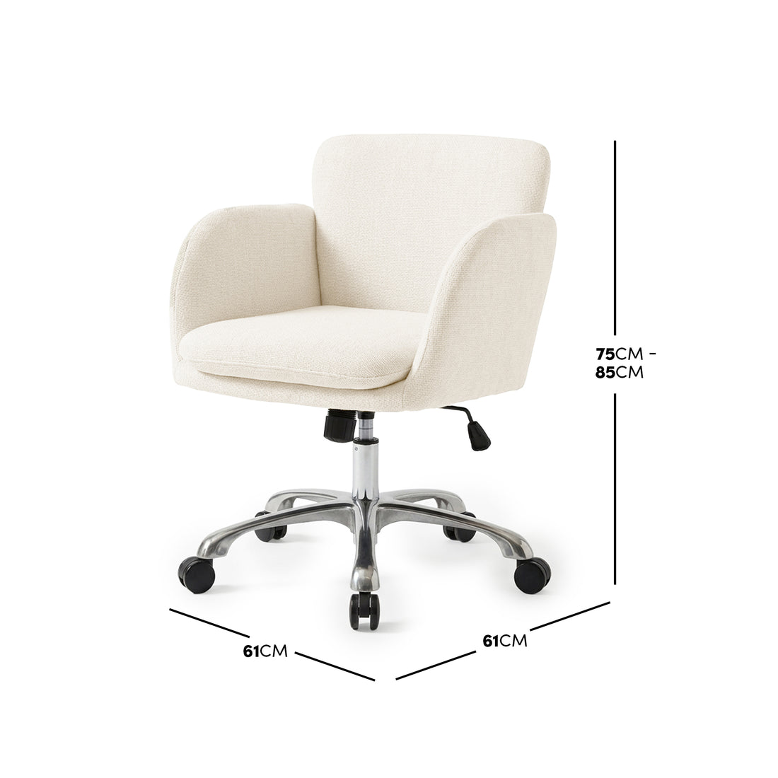Cream office chair on white background with dimensions marked 61cm by 61cm and height 75cm to 85cm