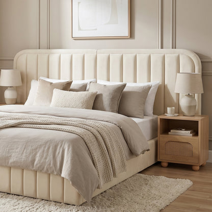 Bedroom with upholstered bed and headboard in lifestyle setting