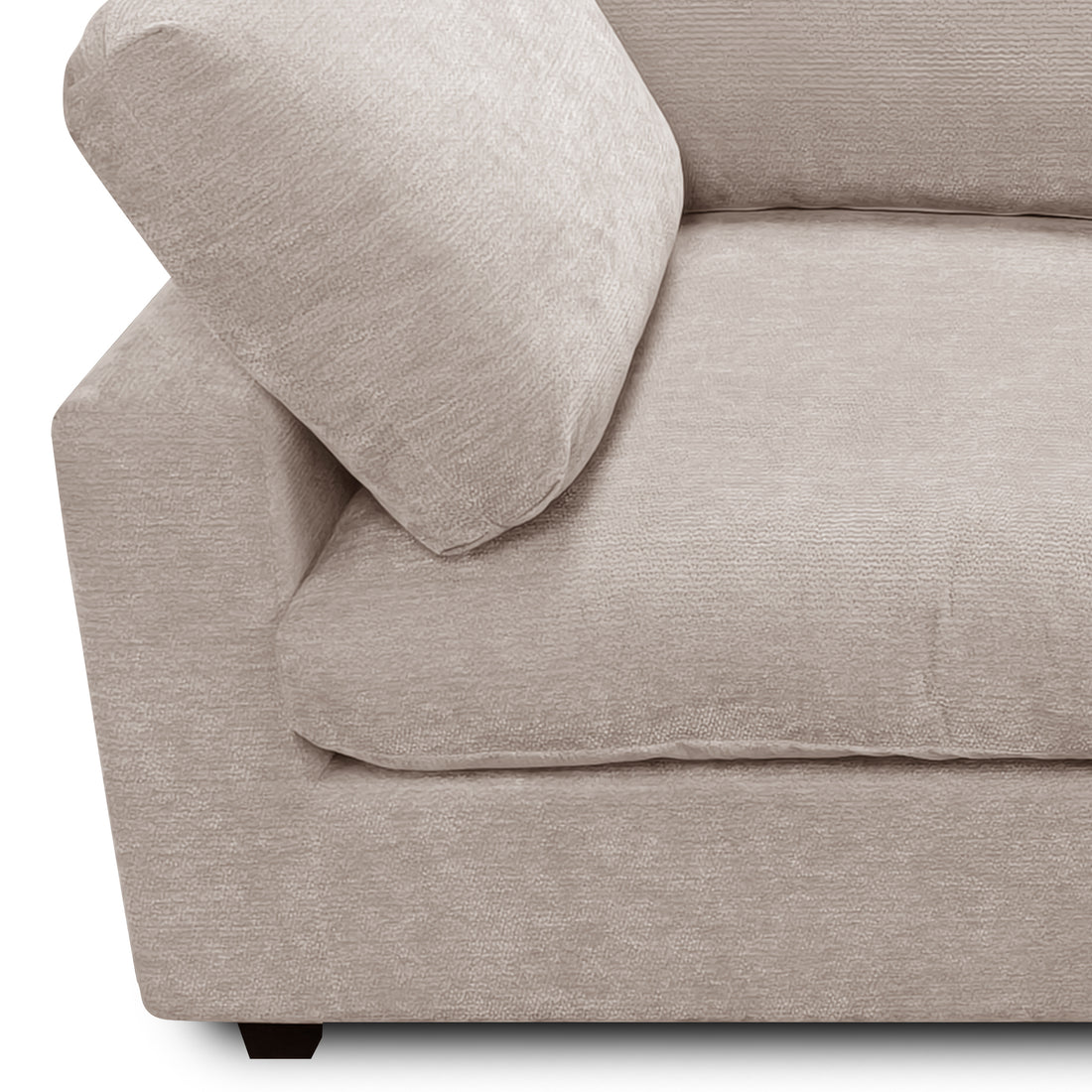 Partial view of a beige upholstered armchair or sectional piece on a white background
