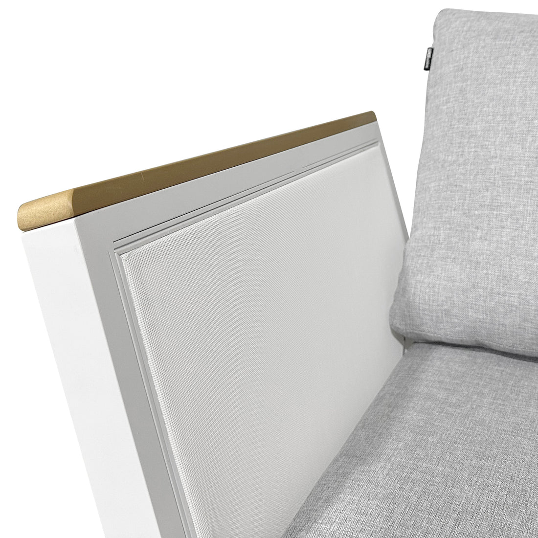 Sierra Outdoor Lounge Set in Grey features a light-grey cushion against a matte white side-panel with a mesh face, complemented by a slim wood-toned top, ideal for stylish outdoor relaxation.