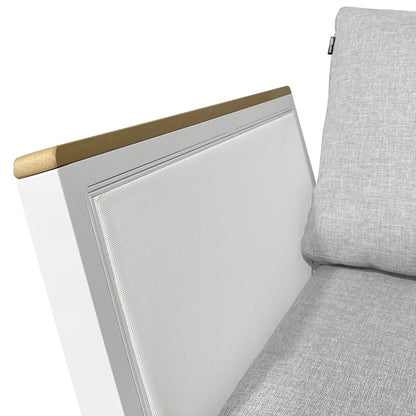 Sierra Outdoor Lounge Set in Grey features a light-grey cushion against a matte white side-panel with a mesh face, complemented by a slim wood-toned top, ideal for stylish outdoor relaxation.