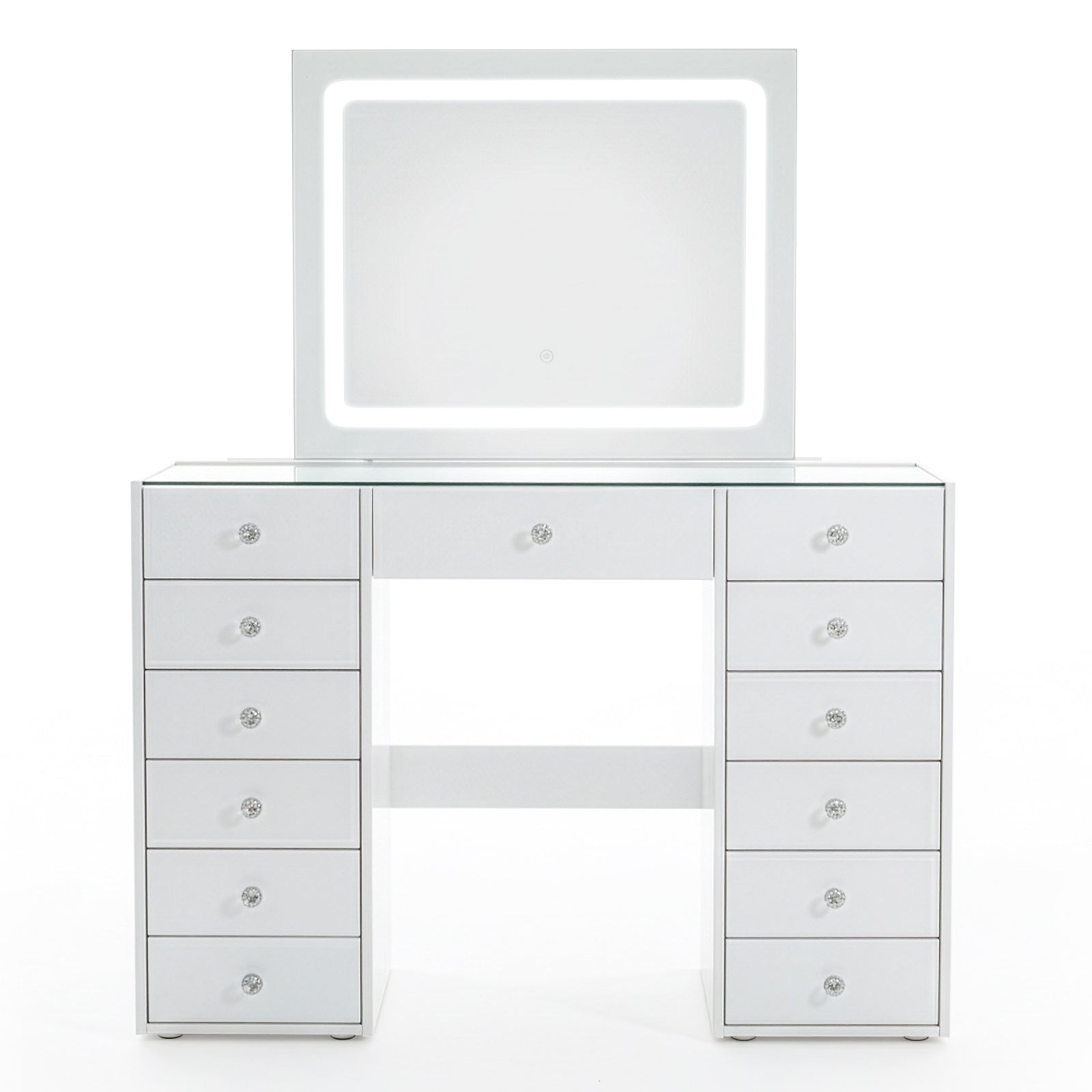 White modern vanity table with LED‐lit mirror and crystal drawer knobs on white background