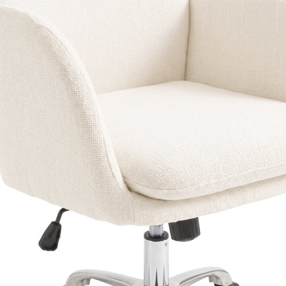 Close-up of the seat and base of a light beige upholstered chair on a white background