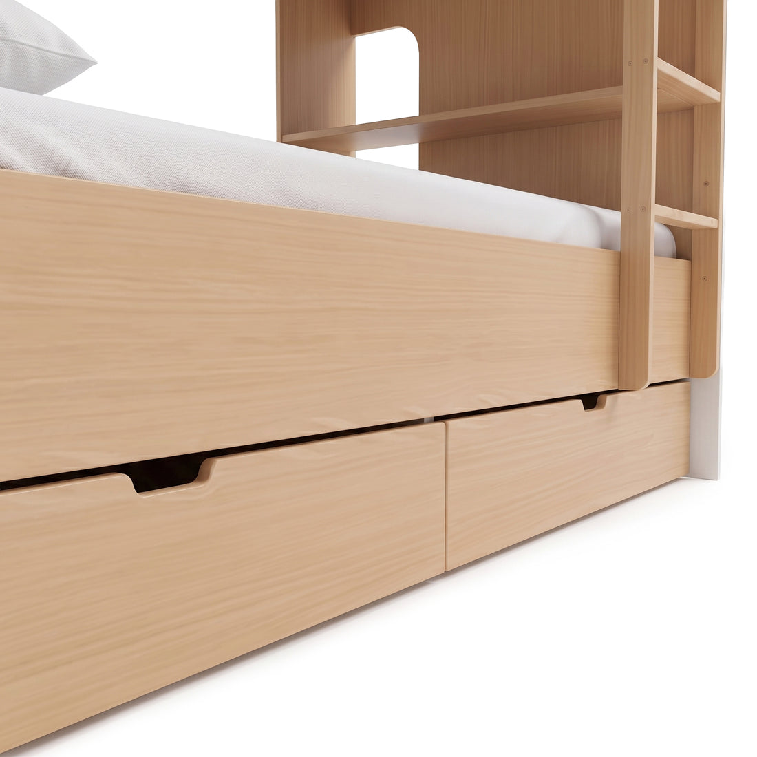 Close-up of a wooden bunk bed frame with built-in storage drawers on a white background
