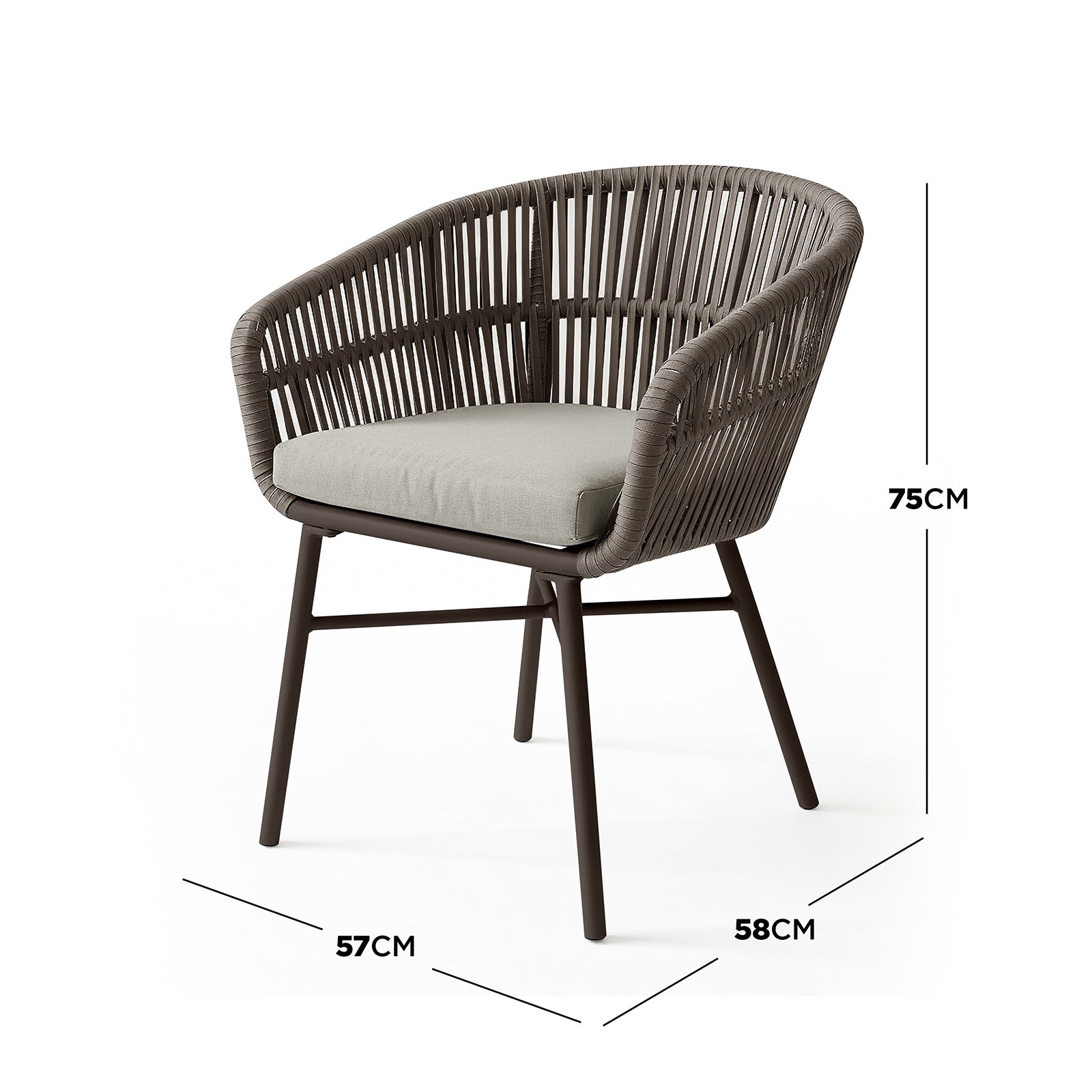 Marula Rope Outdoor Dining Chairs in Brown Set of 4, featuring a tubular metal frame, woven rope back and arms, and cushioned seat, measuring 75cm tall, 58cm deep, and 57cm wide.