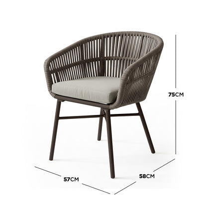 Marula Rope Outdoor Dining Chairs in Brown Set of 4, featuring a tubular metal frame, woven rope back and arms, and cushioned seat, measuring 75cm tall, 58cm deep, and 57cm wide.
