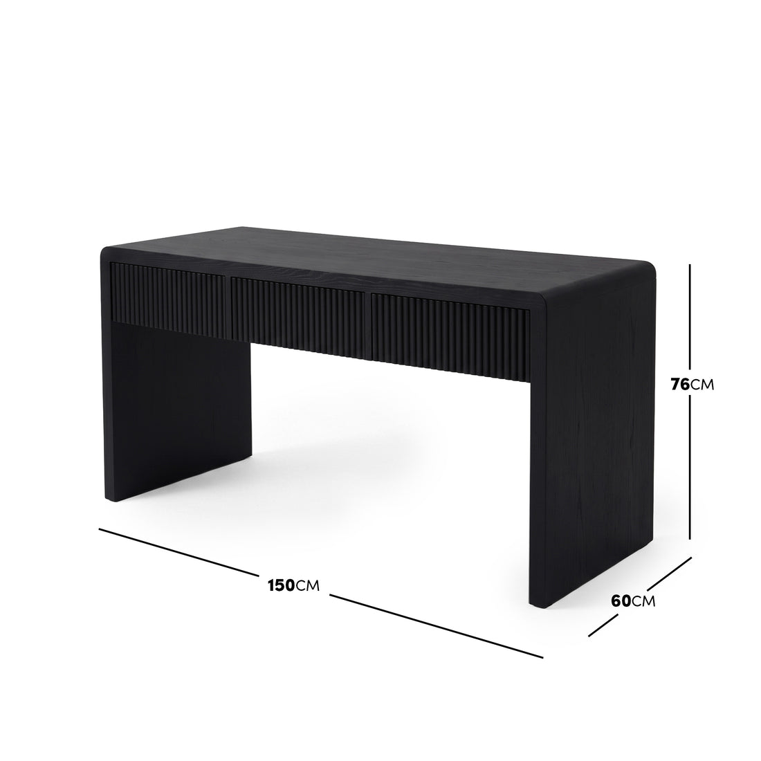 Modern black desk on white background with dimension lines showing width, height, and depth