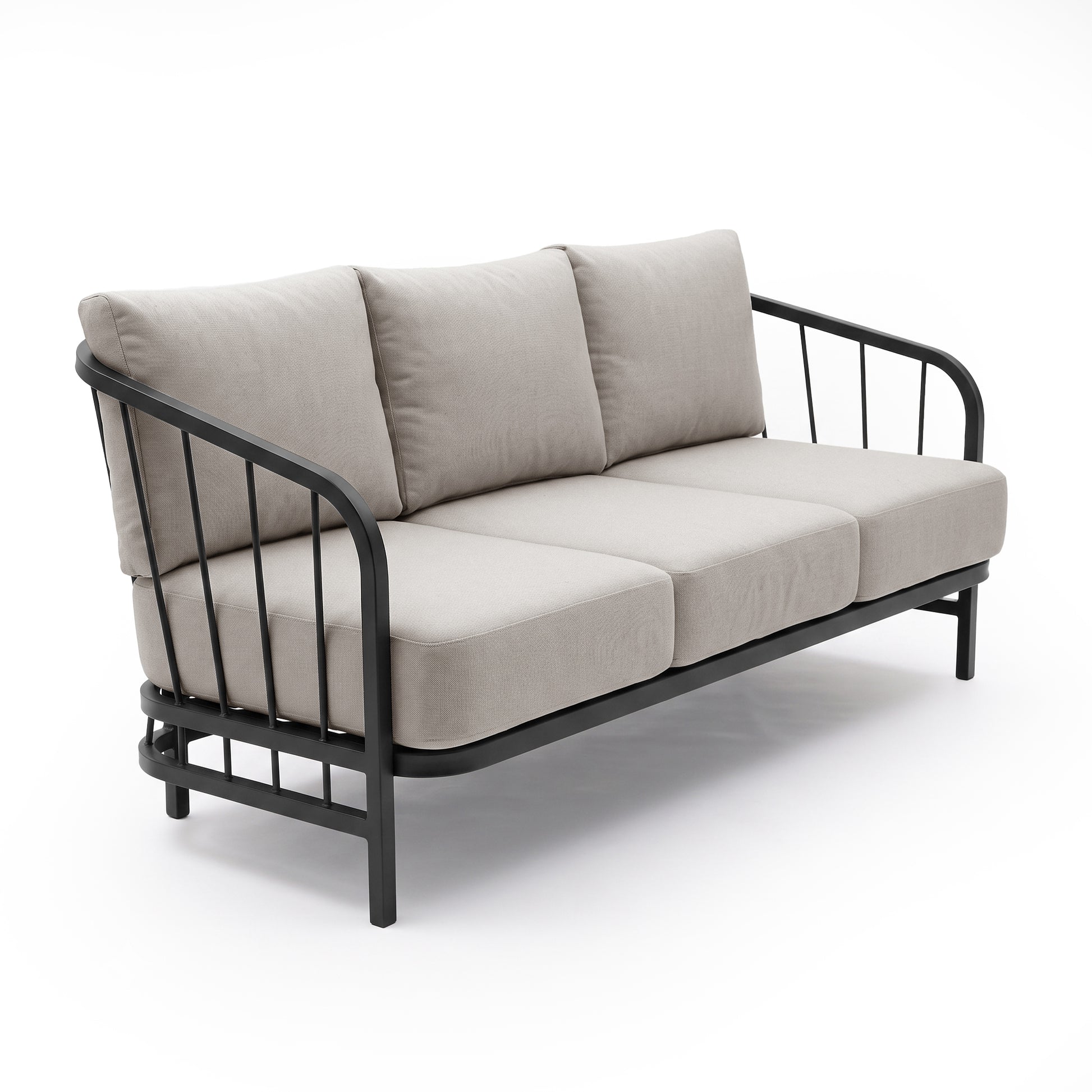Modern three-seater sofa with metal frame on a white background