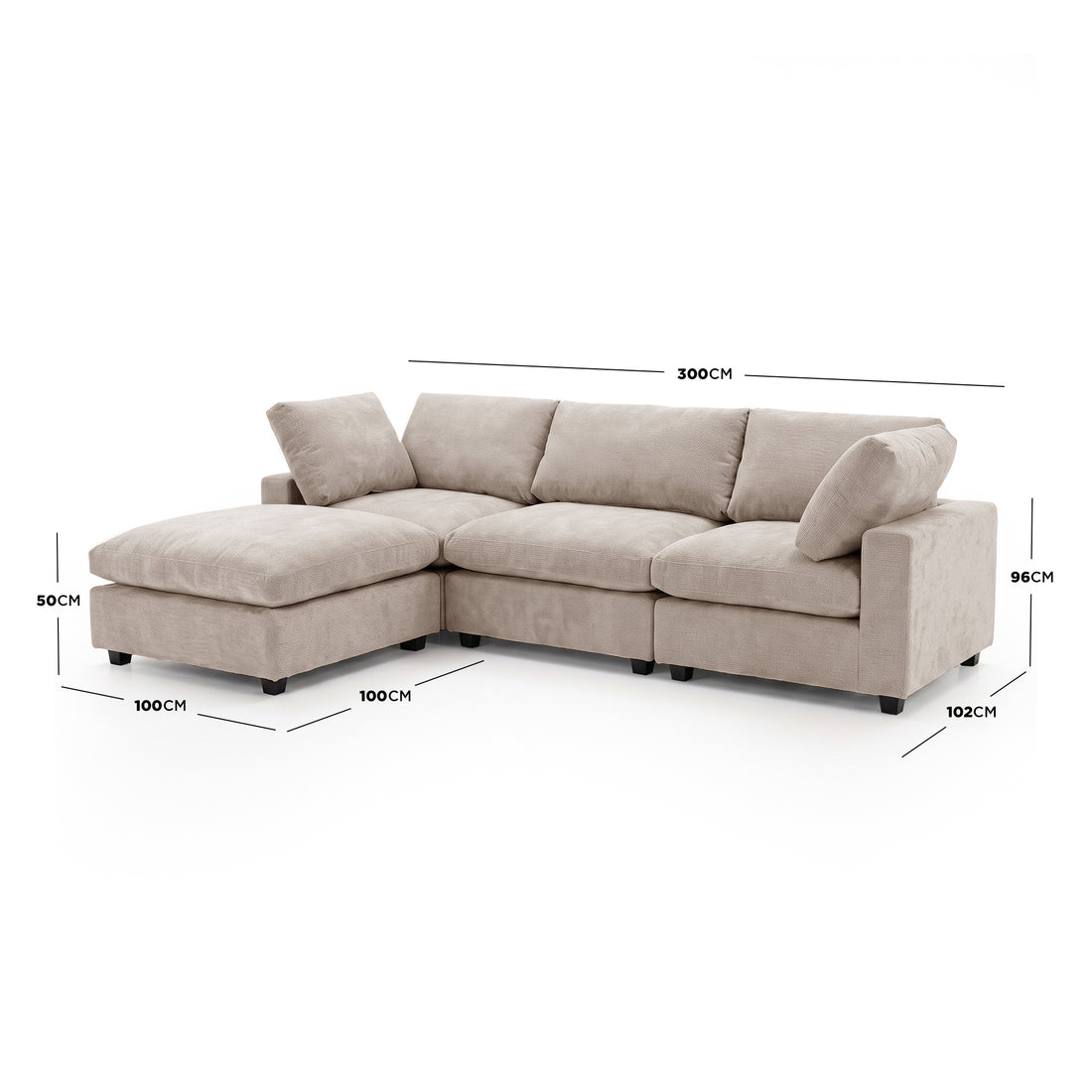 Full sectional sofa on white background with dimension markings