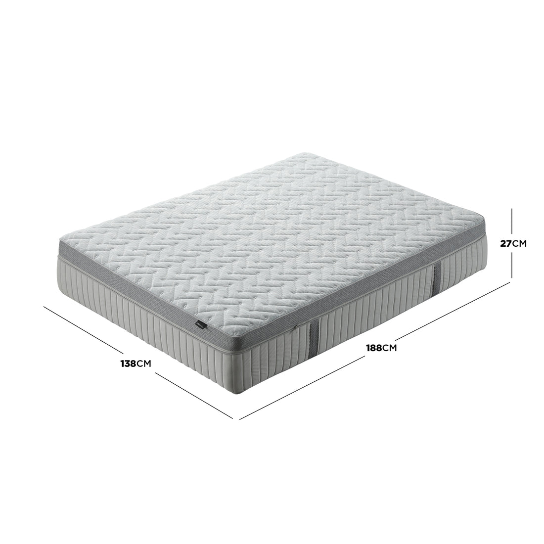 Full mattress on a white background with labeled dimensions shown