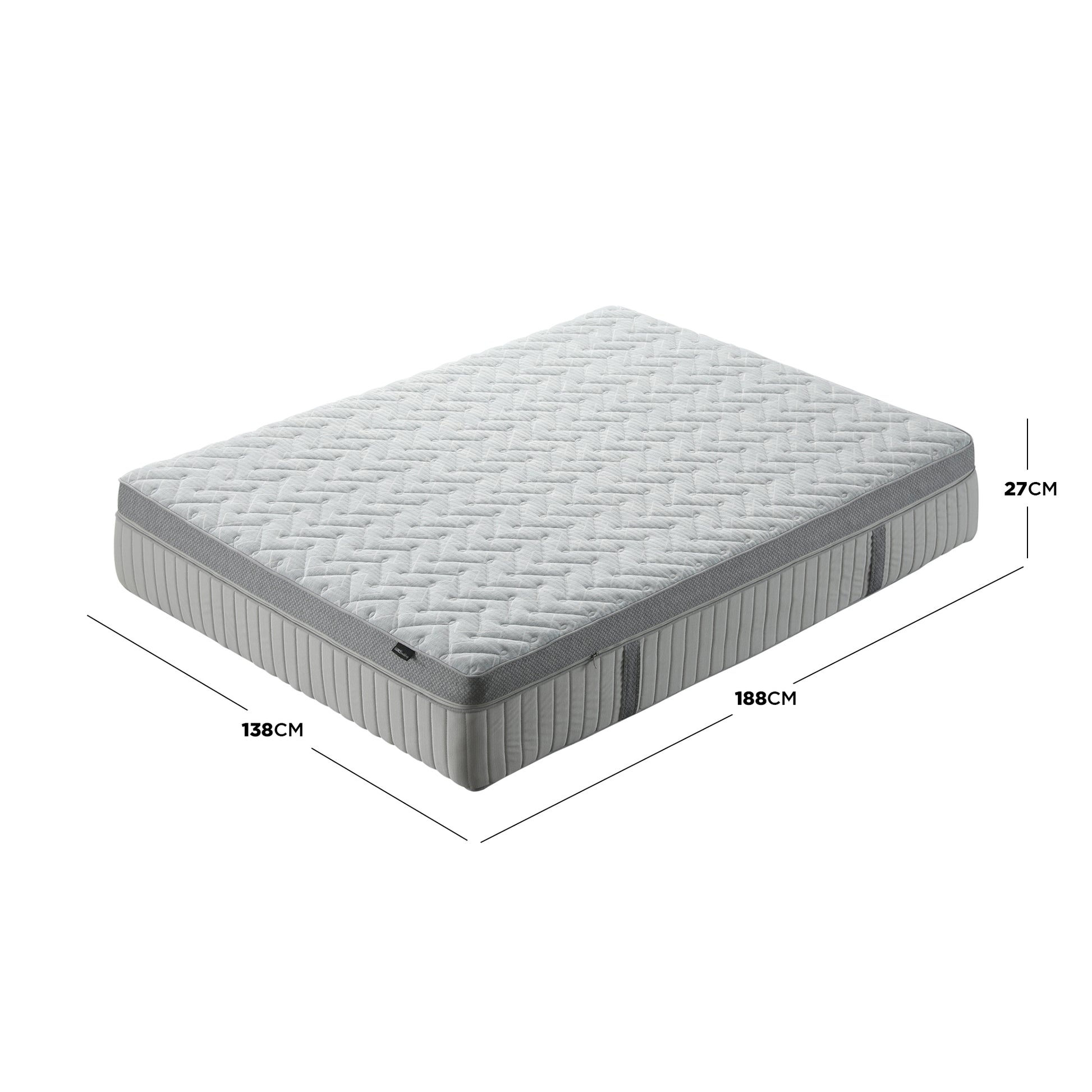 Full mattress on a white background with labeled dimensions shown