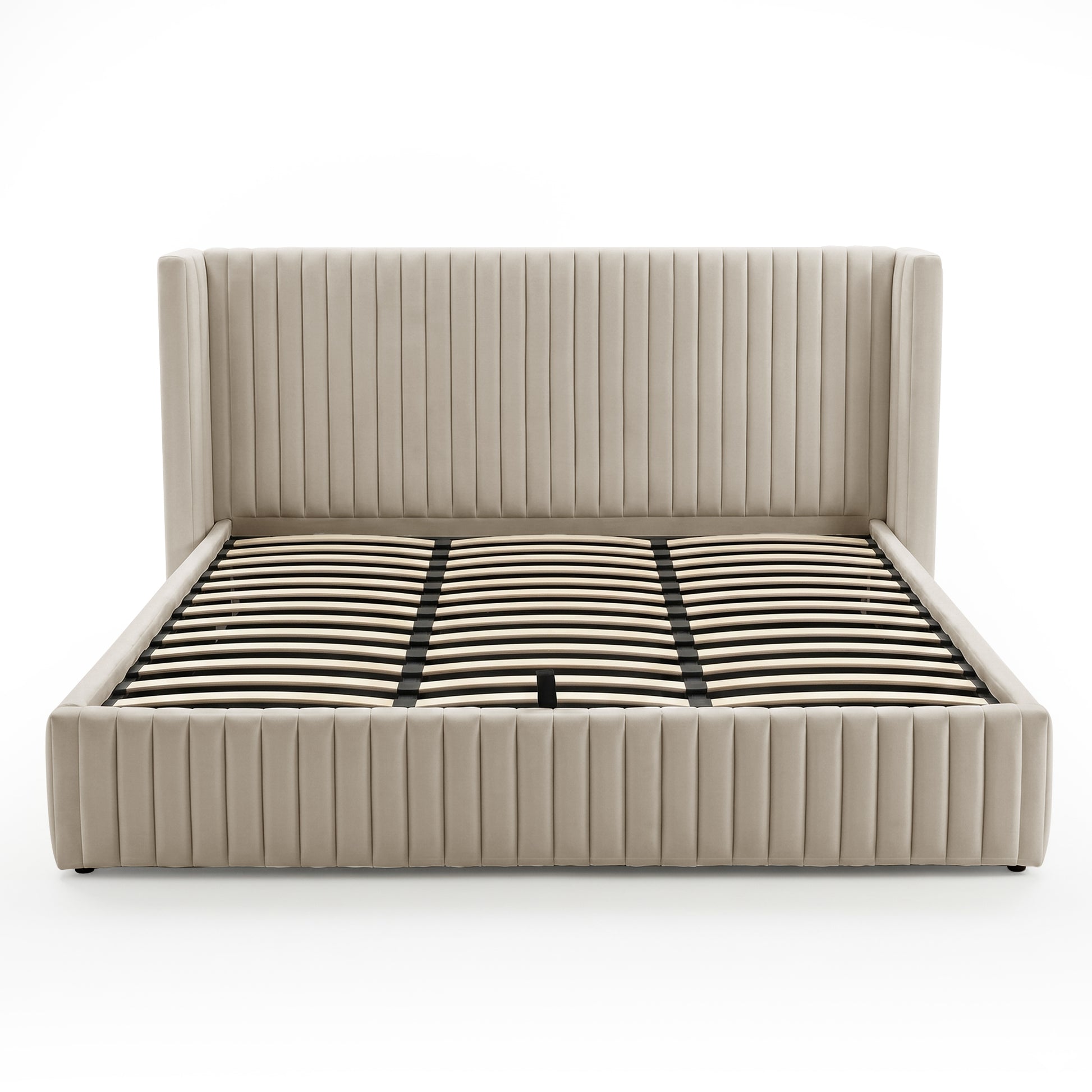 King bed frame with visible slats and support strap on white background