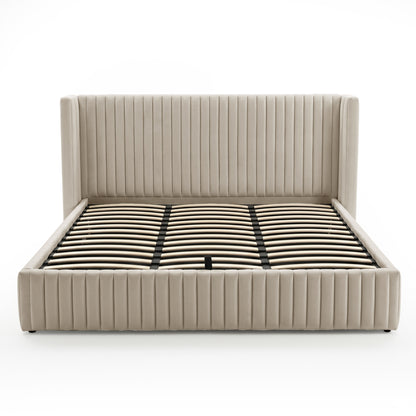 King bed frame with visible slats and support strap on white background