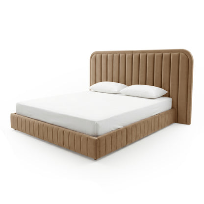 Modern upholstered bed with tan fabric, headboard and frame on white background
