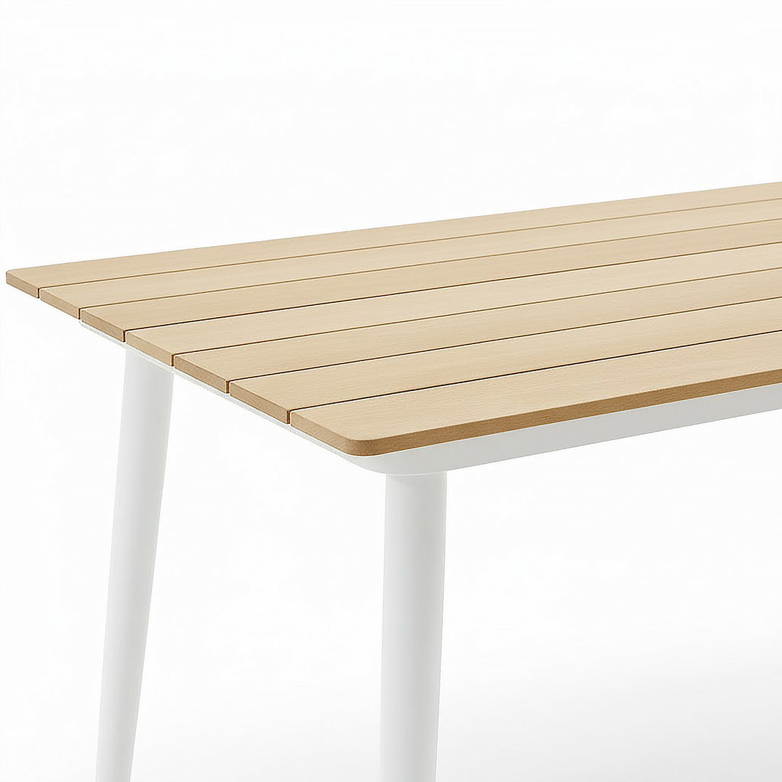Casara 7 Piece Outdoor Dining Set in White & Grey features a light, slatted wooden tabletop with slim white metal legs, embodying modern design and durability for effortless outdoor dining.
