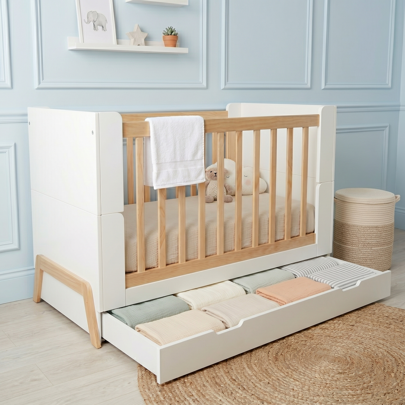 Baby crib in a decorated nursery room with storage drawer and toys