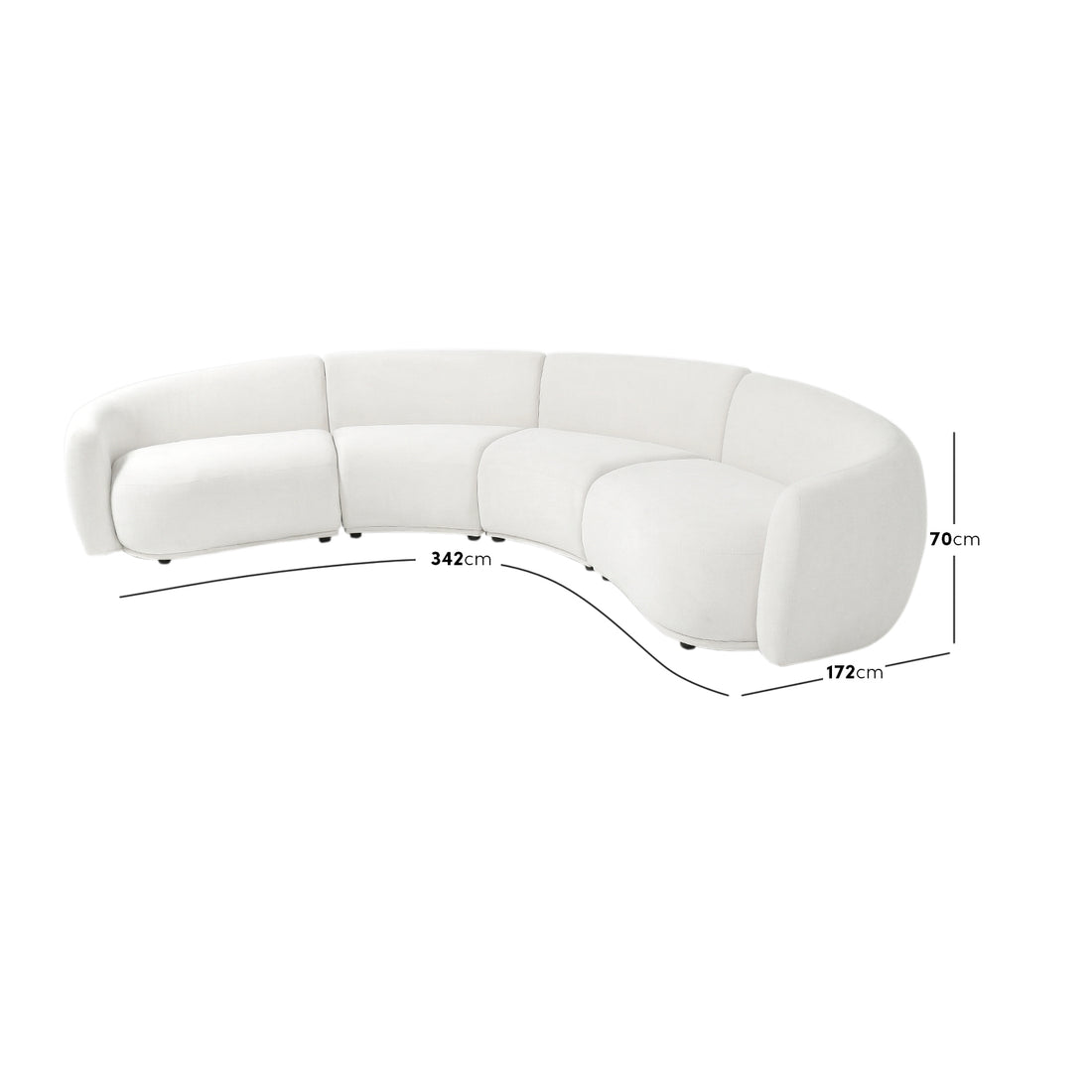 White sectional sofa with dimension lines and measurements