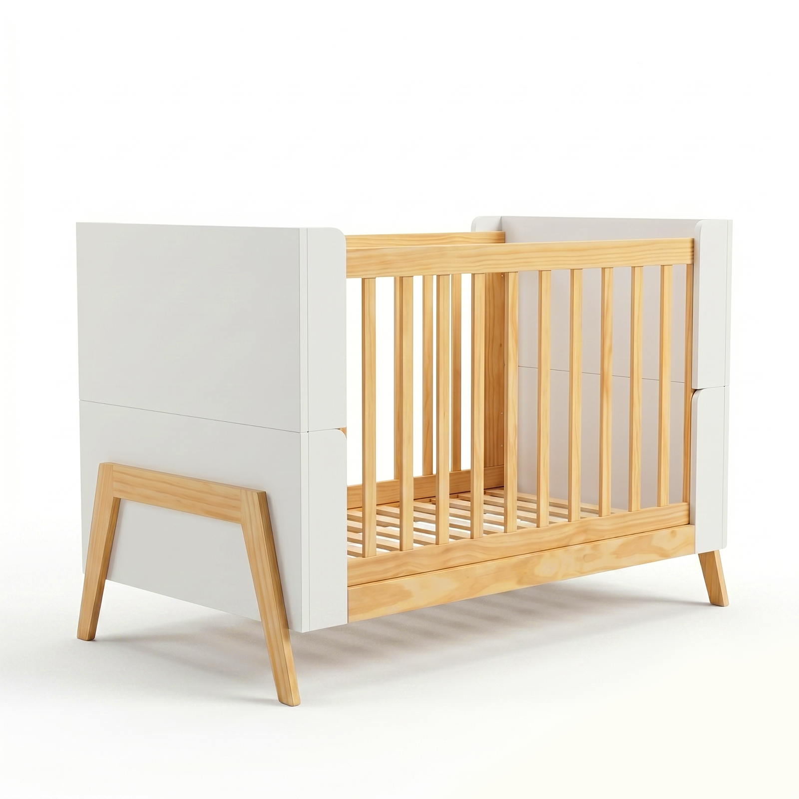 Minimalist baby crib with wood slats and white frame on white background