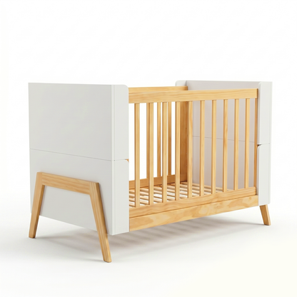 Minimalist baby crib with wood slats and white frame on white background