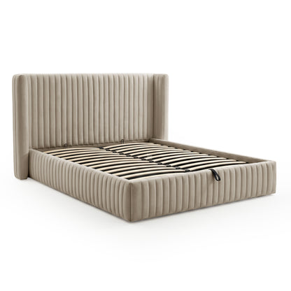 Angled view of upholstered bed frame with visible slats and fabric handle