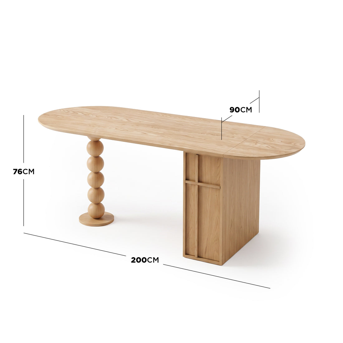 Modern wooden table on white background with dimension lines and measurements shown